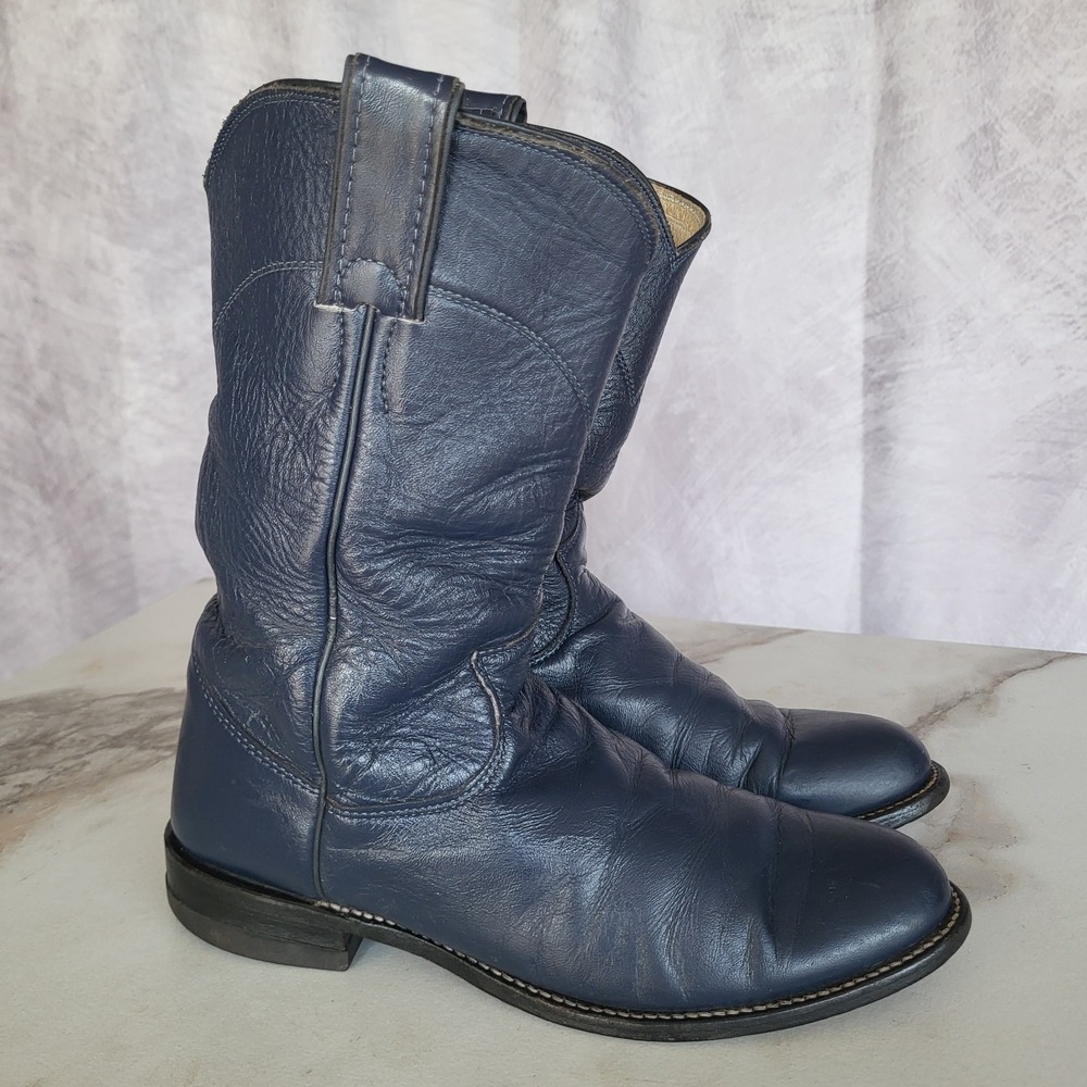 Vintage Justin USA  Roper Western Cowgirl Boots Dark Navy Blue Women's 6 B